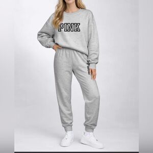 Women’s Pink Letters Print Crewneck Sweatshirt and Drawstring Pants Lt Grey L